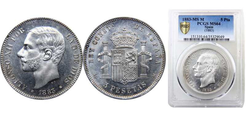 Spain Alfonso XII 5 Pesetas 1883 *1883 MSM 3rd portrait Silver PCGS MS64 25g KM#...