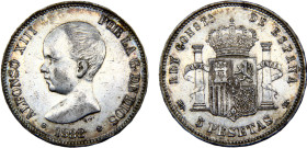 Spain Kingdom Alfonso XIII 5 Pesetas 1888 *18-88 MPM Madrid mint 1st portrait Silver AU 24.9g KM# 689