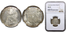 Spain Second Republic 1 Peseta 1933 *3-4 Madrid mint Silver NGC MS65 KM# 750