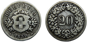 Switzerland Federal State 20 Rappen 1850 BB Strasbourg mint Coat of arms Billon VF 3.2g KM# 7