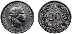 Switzerland Federal State 20 Rappen 1884 B Bern mint "Libertas" Nickel XF 4g KM# 29