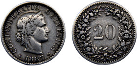Switzerland Federal State 20 Rappen 1887 B Bern mint "Libertas" Nickel VF 4g KM# 29