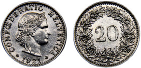 Switzerland Federal State 20 Rappen 1921 B Bern mint "Libertas" Nickel AU 4g KM# 29