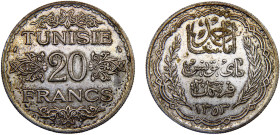 Tunisia French protectorate Ahmad II 20 Francs AH1353 (1935) Pairs mint Silver XF 20g KM# 263