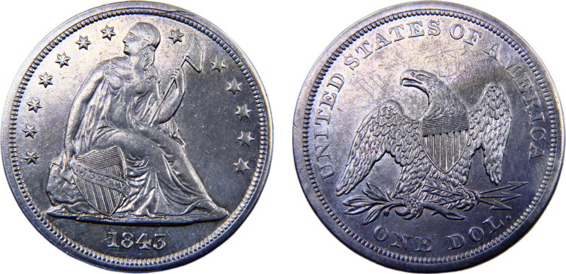 United States Federal republic 1 Dollar 1843 Philadelphia mint "Seated Liberty",...