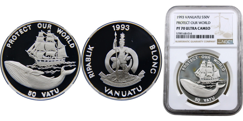 Vanuatu Republic 50 Vatu 1993 (Mintage 10000) Top Pop, Protect our World, Whale ...