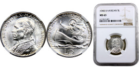 Vatican City City State Pius XII 5 Lire 1940//II Silver NGC MS63 KM# 28