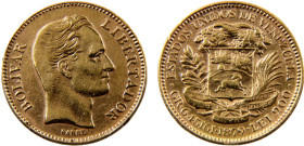 Venezuela United States 20 Bolivares 1879 Brussels mint(Mintage 41000) Gold AU 6.45g Y# 32