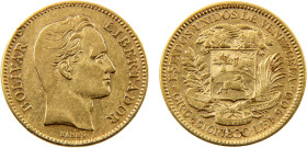Venezuela United States 20 Bolivares 1880 Brussels mint(Mintage 84000) Gold AU 6.45g Y# 32