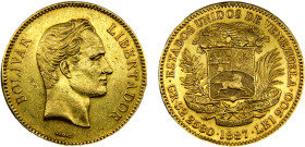Venezuela United States 100 Bolivares 1887 Caracas mint(Mintage 28000) Gold AU 32.2g Y# 34