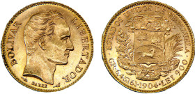 Venezuela United States 20 Bolivares 1904 Pairs mint Gold UNC 6.45g Y# 32