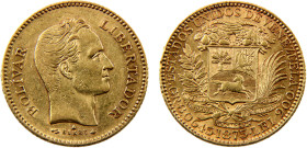 Venezuela United States 5 Venezolanos 1875 A Pairs mint(Mintage 69000) Gold AU 6.45g Y# 17