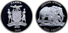 Zambia Republic 5000 Kwacha 1999 African Wildife, Elephant and calf right Silver PF 31.2g KM# 92
