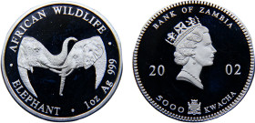 Zambia Republic Elizabeth II 5000 Kwacha 2002 Elephant, Bullion Coinage Silver PF 31g KM# 143