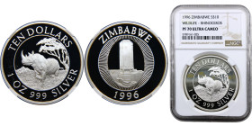 Zimbabwe Republic 10 Dollars 1996 (Mintage 5000) Top Pop, Reserve Bank Building Silver NGC PF70 KM# 11