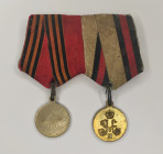 Medal bar for two awards.
1. Medal in memory of the Russo-Japanese War of 1904–1905. Russian Empire, private workshop. Diameter: 27.5 mm. White metal...