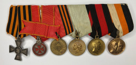 Medal bar with St. George's cross 4th Class and 5 medals.
1. St.George Cross 4th class No. 39465 Russian Empire, Petrograd Mint, 1915–1917. Size: 40 ...