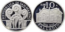 SAN MARINO. Monetazione in Euro. 10 Euro 2008 "Palladio" (senza scatola e cofanetto). Ag. Proof