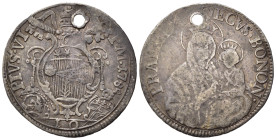 BOLOGNA. Pio VI (1775-1799). Mezza lira 1785. Ag. MIR 2838/5 RRRR. Forata. MB