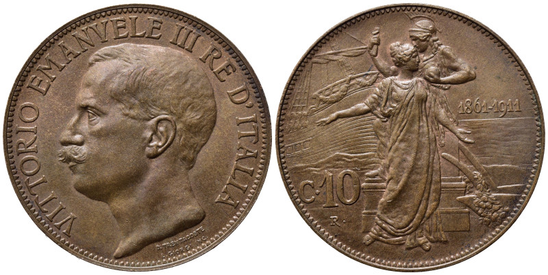 Vittorio Emanuele III (1900-1943). 10 centesimi 1911 "Cinquantenario". Cu. Gig. ...