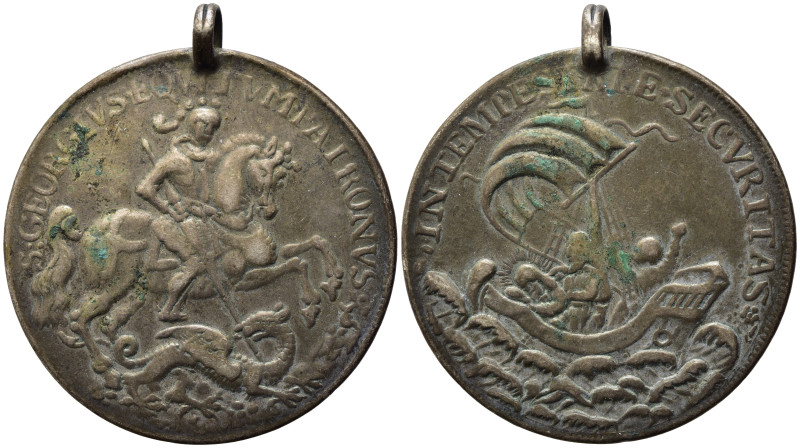 Medaglie Religiose. Medaglia appiccagnolata con San Giorgio e il drago. Ag (18,9...