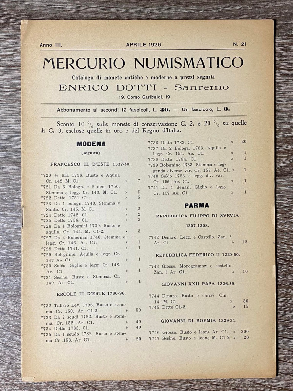 MERCURIO NUMISMATICO, catalogo di monete antiche e moderne ENRICO DOTTI - Sanrem...