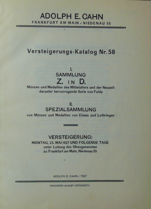 Versteigerungs- Katalog Nr 58, Adolph E. Kahn, 1927
Vente Adolph Kahn du 23 mai...