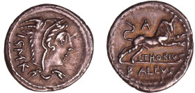Thoria - Denier (105 av. J.-C.)
A/ I.S.M.R. Tête de Junon Sospita qui est coiffée d'une peau de chèvre. 
R/ L. THORIVS / BALBVS un X dans le champ. ...