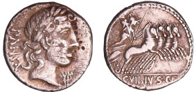 Vibia - Denier (90 av. J.-C.)
A/ PANSA derrière la tête laurée d'Apollon. Un épi sous le menton. 
R/ C.VIBIVS.C.F. Minerve sur un quadrige.
TB+
RR...