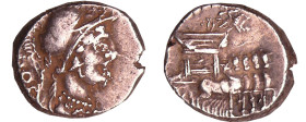 Rubria - Denier (87 av. J.-C.)
A/ DOS. Buste casqué de Minerve à droite.
R/ L. RVBRI. Quadrige vide, triomphant au pas à droite.
TTB
RRC.348.3-RCV...