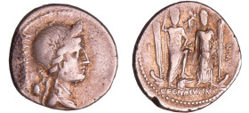 Egnatia - Denier (75 av. J.-C.)
A/ MAXSVMVS. Buste drapé et diadémé de la Liberté à droite. Inscription "pileus" derrière la nuque. 
R/ C.EGNATIVS.C...
