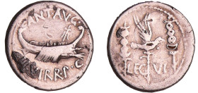 Marc Antoine - Denier des Légions VI, monnaie fourrée
A/ ANT AVG III VIR R P C. Galère prétorienne. 
R/ LEG V. Aigle entre deux enseignes militaires...