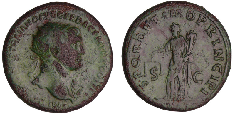 Trajan - Dupondius (104-110, Rome) - L'Equité
A/ IMP TRAIANO AVG GER DAC P M TR...