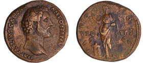 Antonin le Pieux - Sesterce (138, Rome) La Piété 
A/ IMP T AELIVS CAESAR ANTONINVS Buste nu à droite. 
R/ PIETAS) TR POT COS. La Piété debout à gauc...