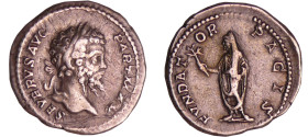 Septime Sévère - Denier (204, Rome)
A/ SEVERVS AVG PART MAX. Buste lauré à droite. 
R/ FVNDATOR PACIS. Septime voilé, debout à gauche, tenant une br...