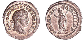 Caracalla - Denier (212, Rome) - Sérapis
A/ ANTONINVS PIVS AVG BRIT. Tête laurée à droite. 
R/ P M TR P XVI COS III P P. Sérapis debout à gauche, te...