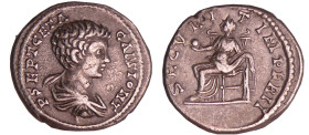 Géta - Denier (202, Rome) - La Sécurité
A/ P SEPT GETA CAES PONT. Buste nu et drapé à droite. 
R/ SECVRIT IMPERII. La Sécurité assise à gauche, tena...