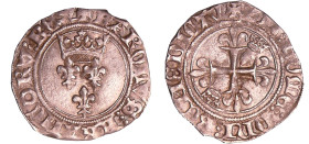 Duc de Bourgogne pour Charles VI (1380-1422) - Florette
A/ + KAROLVS:FRANCORV:REX. Trois lis posés sous une couronne trèflée. 
R/ + SIT:NOME:DNI:BEN...
