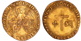 Henry VI de Lancastre (1422-1453) - Angelot d'or - Paris
A/ (couronnelle) hENRICVS: FRA’CORV: ET: ANGLIE: REX. L'archange Gabriel tenant les écus acc...