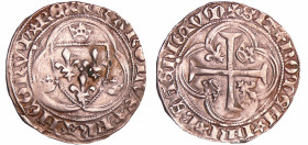 Charles VIII (1483-1498) - Blanc à la couronne - Tournai
A/ KAROLVS* FRANCORVM* REX• Ecu de France entre trois couronnelles dans un trilobe. 
R/ SIT...