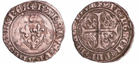 Charles VIII (1483-1498) - Blanc à la couronne - Paris
A/ KAROLVS* FRANCORVM* REX• Ecu de France entre trois couronnelles dans un trilobe. 
R/ SIT* ...