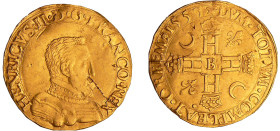 Henri II (1547-1559) - Double Henri d'or - 1557 B (Rouen)
A/ + HENRICVS. II. D. G. F. REX. Buste couronné à droite. 
R/ (soleil) DVM. TOTVM. COMPLEA...