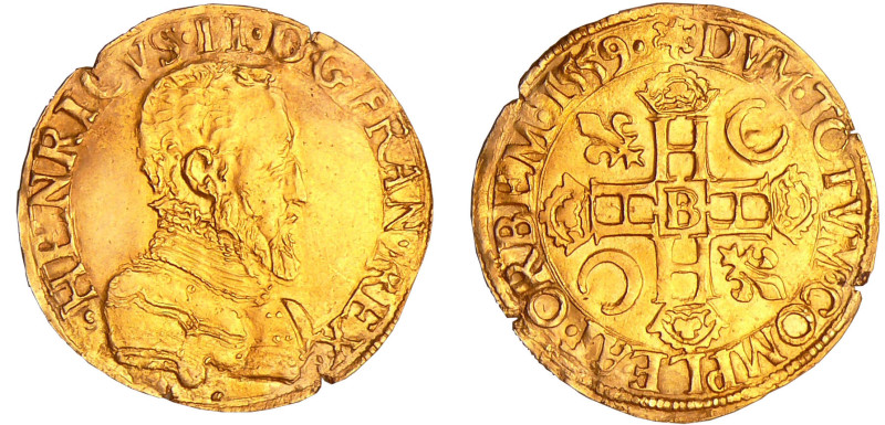 Henri II (1547-1559) - Henri d'or - 1559 B (Rouen)
A/ + HENRICVS. II. D. G. F. ...