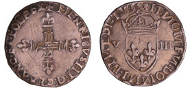 Henri III (1574-1589) - Quart d'écu - s.d. (Montauban)
A/ + HENRICVS III D G FRANC ET POL REX. Croix fleurdelisée. 
R/ + SIT NOMEN DOMINI BENEDICTVM...