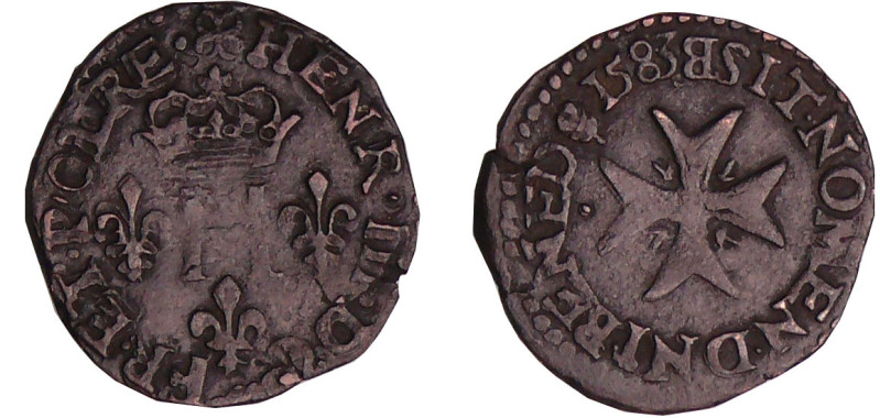 Henri III (1574-1589) - Liard à la croix du St-Esprit - 1583 B (Rouen)
A/ HENR ...