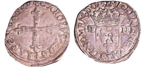 Charles X (1589-1590) - Quart d'écu - 1590 T (Nantes)
A/ + CAROLVS. X. D: G. FRANC. REX Croix fleurdelisée. 
R/. SIT. NOMEN. DOMINI. BENEDICTVM. Ecu...