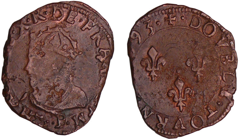 Charles X (1589-1590) - Double tournois - 1593 P (Dijon)
A/ + CHARLES. X. R. DE...