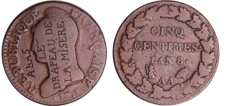 Directoire (1795-1799) - 5 centimes Dupré - grand module An 8 AA (Metz) gravure ...