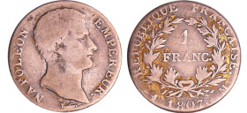 Napoléon 1er (1804-1814) - 1 franc 1807 M (Toulouse)
TB
Ga.444-F.202
 Ar ; 4.77 gr ; 23 mm