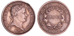 Napoléon 1er (1804-1814) - 1/4 de franc revers république 1807 A (Paris)
TTB+
Ga.348-F.160
Ar ; 1.23 gr ; 15 mm